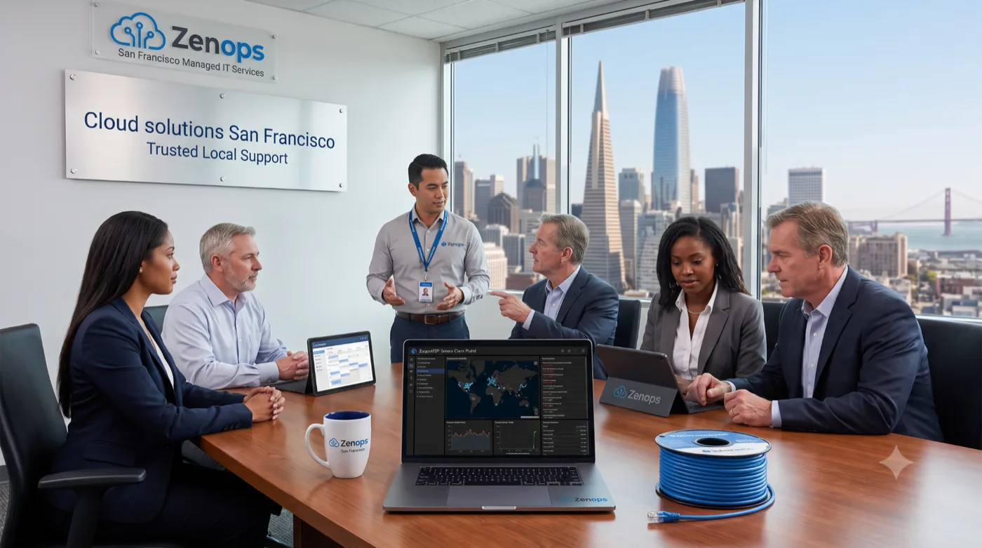 IT professionals collaborating on cloud solutions San Francisco infrastructure in a modern office