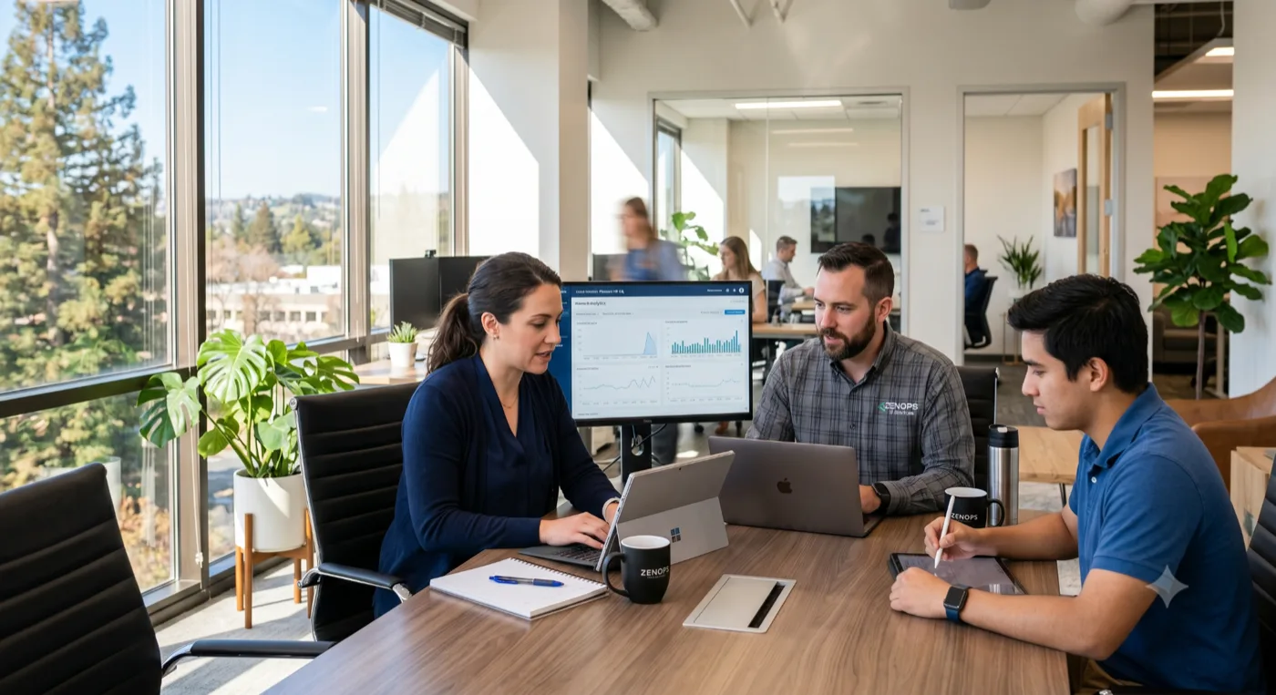 A bright, modern corporate office in Northern California with professionals collaborating productively on laptops under natural light.
